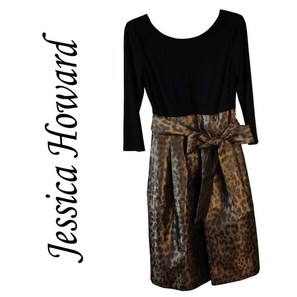 Jessica Howard, Metallic Leopard Print ¾ Sleeve V-Back Midi Dress, Black, Brown - Picture 1 of 7